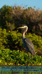 Fototapeta premium Gray heron standing in shallow water, lush green foliage in background