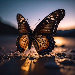 Silhouette of a butterfly at sunset over water