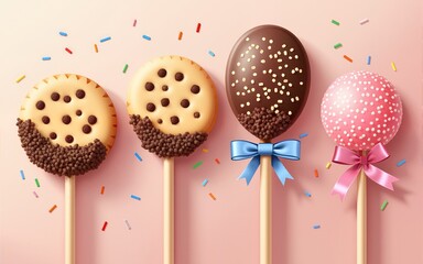 Assorted chocolate chip cookie stick dipped in sprinkles. Ribbon decorated popping candy for Pepero day in Korea. Frosted biscuit treat gift. Vector illustration. High quality