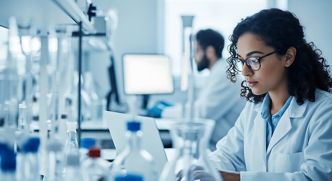 Female scientist working on a laptop in a modern laboratory setting