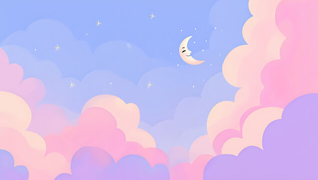 Whimsical pastel clouds and a cute smiling crescent moon in a starry night sky creating a dreamy and enchanting atmosphere perfect for children s themes and fantasy