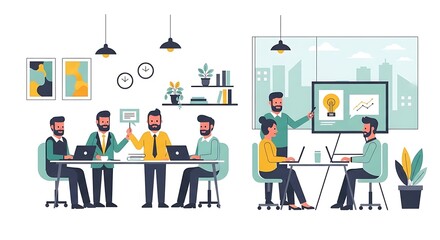 Minimalist flat vector illustration of diverse people working together in office