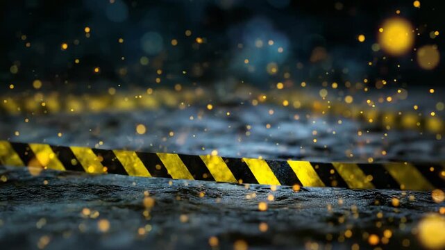 A yellow and black striped line is on the ground. The line is on a wet surface. Conceptual illustration of caution tape blocking glowing pathogen particles, biosecurity, dark sci-tech