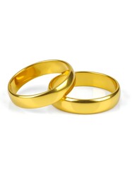 Two simple gold wedding bands rest on a white background