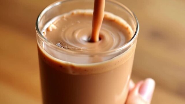 Pouring cholate milk into a glass footage. Fresh chocolate milk and a glass video