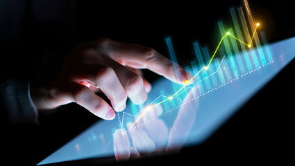Data Visualization: A Hand Interacting with a Digital Chart Representing Business Growth.