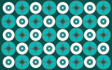 seamless pattern with blue circles. An Indonesian ethnic batik style vector with a repeating geometric circle pattern in a cool green, turquoise, and white color scheme. Blue background design art