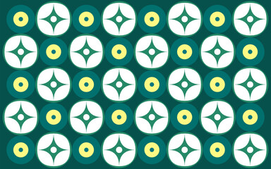 vector seamless pattern with colorful letters. An Indonesian ethnic batik style vector with a repeating geometric circle pattern in a dark green, yellow, and white color scheme. Floral background art 