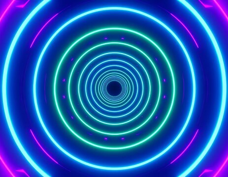 Abstract neon circles receding into a dark tunnel