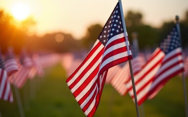 Field of American flags displayed on the honor of Veterans Day celebration on a beautiful autumn morning in Texas. High quality
