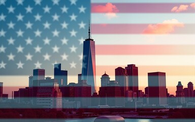 Double Exposure: American Flag & City Skyline - Patriot Day Remembrance, September 11, 2025. High quality