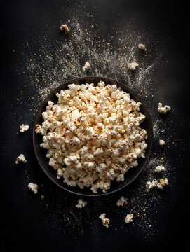 A dark plate brimming with popcorn, scattered with a dusting of seasoning