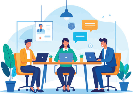 A team of diverse business professionals collaborating in a modern office, working on laptops to achieve a common goal illustration/ flat graphic vector