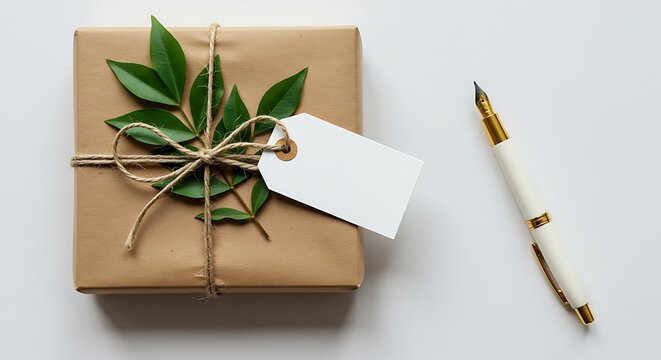 Wrapped gift box with blank tag and pen isolated on white background