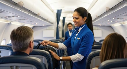A flight attendant assisting a passenger with their luggage on an airplane.