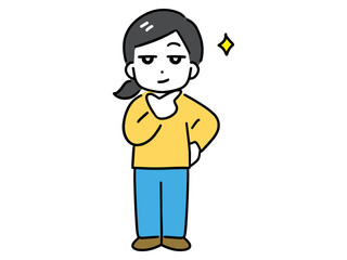 にやりと得意げに笑う若い私服の女性(全身・正面)	