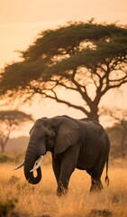 Obraz premium African Elephant Walking in Golden Savannah Sunset