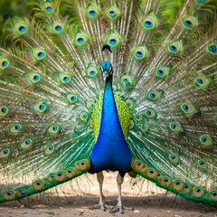 Obraz premium Vibrant peacock displaying its iridescent tail feathers (1)