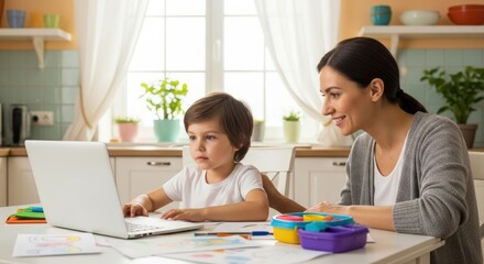 Fototapeta premium A woman and a child using a laptop in a kitchen.