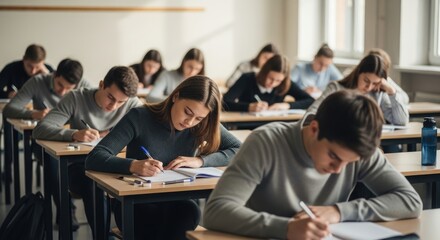 Students in a classroom setting, engaged in a test or exam.