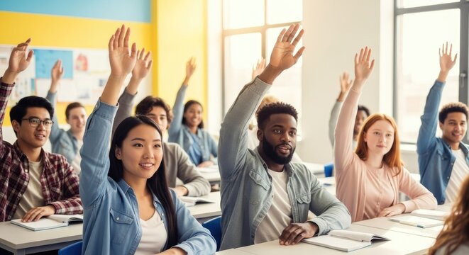 A diverse group of students raising their hands in a classroom setting.