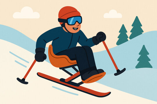 Flat cartoon athlete using mono-ski for snow sports vector illustration