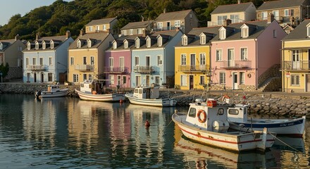Fototapeta premium Picturesque Camaret-sur-Mer Harbor: Colorful Houses and Fishing Boats Reflecting in Calm Waters