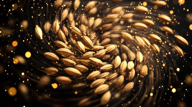 Cumin seeds arranged in a swirling cosmic pattern, some emitting tiny sparks