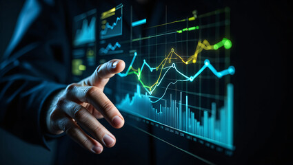 A Person's Hands Interacting with a Holographic Graph of Business Data and Financial Growth.