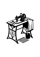 Vintage Sewing Machine Silhouette with Fabric and Accessories