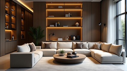 Modern living room interior design with sectional sofa and built-in shelving.