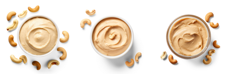 Three bowls of creamy cashew butter with scattered cashews on a transparent background