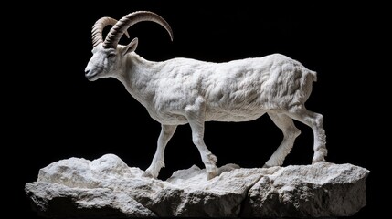 Mountain Goat, its horns like polished, twisted obsidian blades, fur like rugged, snow-dusted granite, surreal volcanic glass/stone texture, stark alpine light