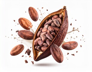 A cocoa pod split open with cocoa powder and beans next to it.