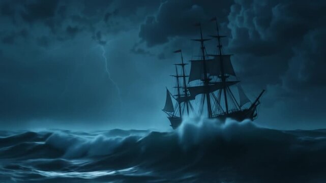Dramatic storm with lightning striking a sailing ship on a rough sea at night