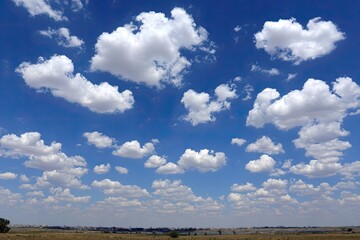 Obraz premium A vast, vibrant blue sky dotted with fluffy white cumulus clouds. A flat, light brownish-tan landscape stretches across the horizon