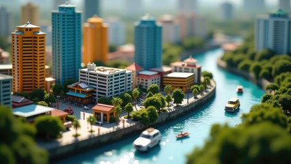 Naklejka premium Miniature cityscape model with waterway and buildings.