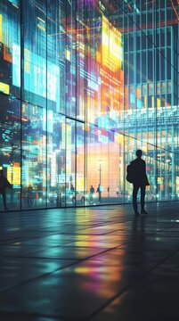 Futuristic Cityscape Neon Light Digital Screen Urban Night Reflection Technology Modern Architecture Vibrant Colorful Illuminated Silhouette