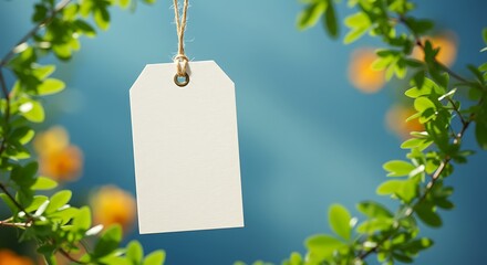 Blank paper tag hanging from a rope surrounded by green leaves