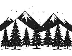 Snowy mountain range behind a line of evergreen trees