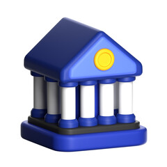 3D stock exchange building in blue with columns and coin symbolizing finance and economy.