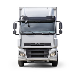 A white truck with a black roof and a black front grill, parked on a transparent background