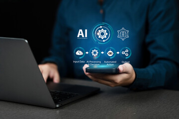 AI agent, AI workflow automation and generative artificial intelligence concept. Businessman using AI agents on screen with chatbots, assistants and data analytics tools. LLM. ML. Agentic workflows.