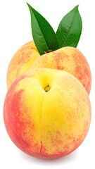Two ripe peaches, leaves, white background