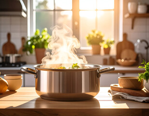 Flygen Sunlight Illuminates a Pot of Simmering Soup in a Cozy Kitchen