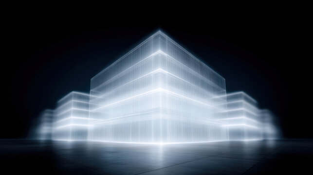 Digital property twin glowing futuristic building design with illuminated edges and dark background creating modern tech atmosphere