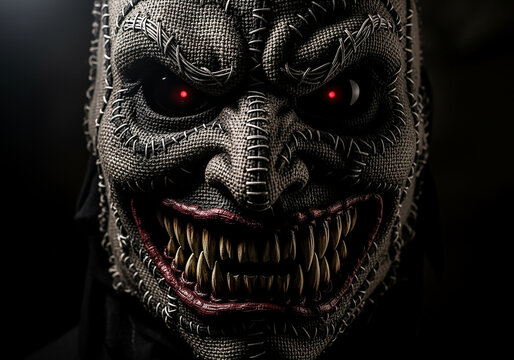 Terrifying evil monster with glowing red eyes in a stitched burlap mask on a dark background