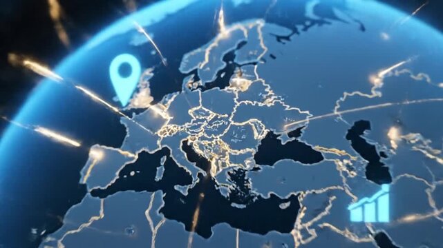 Global connectivity and business growth visualized through a digital map of Europe with glowing data points and progress charts - Powered by Adobe