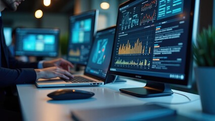 Fototapeta premium Multiple computer screens display data visualizations.