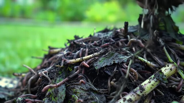 Hands rummaging through a pile of worms, leaves, and dirt outdoors